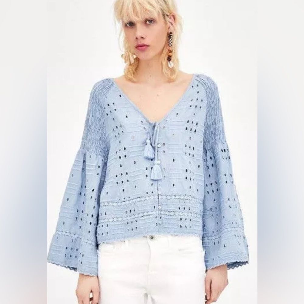 Zara TRF Collection Blue Eyelet Blouse Bell Sleeve Size S